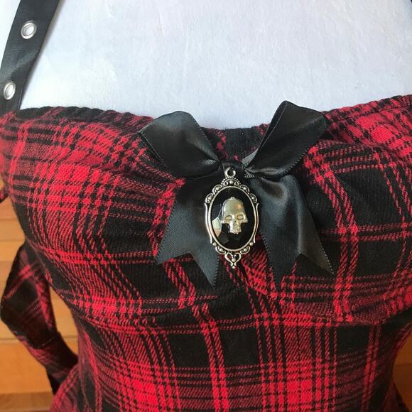 Punk Goth Red Plaid Tartan Pixie Hem Shoulder Strap Dress M - Picture 3 of 7